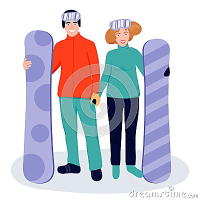 Winter vacations activity concept. Happy couple with snowboards. Vector Illustration