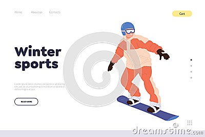 Winter sport landing page design template with snowboarder cartoon character riding downhill Vector Illustration