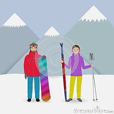 Winter sport people. Man with a snowboard and woman with skis on a mountains background. Vector Illustration