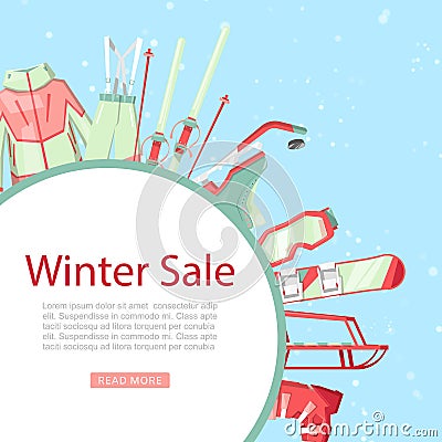 Winter sport sale with ski and snowboard equipment for sale vector illustration. Vector Illustration