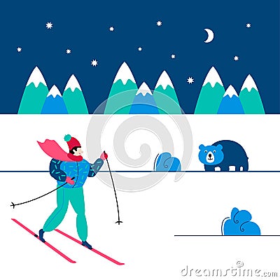 Winter sport Skiing. A person is Skier in the mountain slope in Winter-time day. Mountains landscape with polar bear Vector Illustration