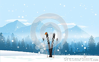 Winter sport tourism. Pair of cross skis in snow. Ski winter mountain landscape background. Vector illustration. Vector Illustration