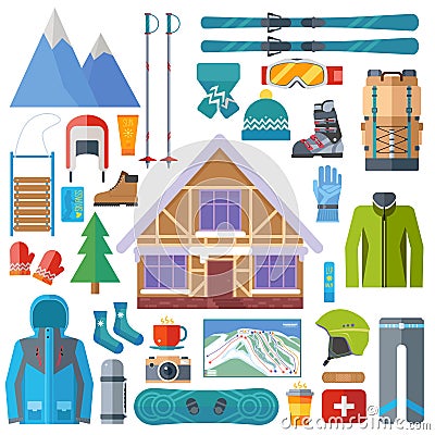 Winter sports activity and equipment icon set. Skiing, snowboarding vector isolated. Ski resort elements in flat design. Vector Illustration
