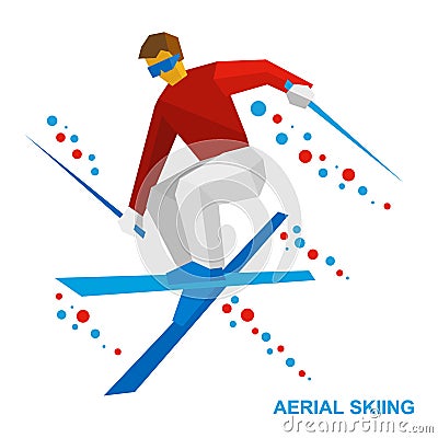 Winter sports: Aerial skiing. Freestyle skier during a jump Vector Illustration