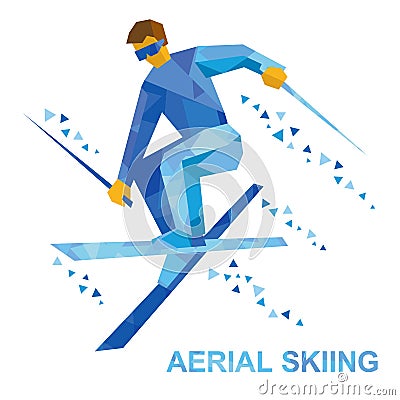 Winter sports: Aerial skiing. Freestyle skier during a jump Vector Illustration