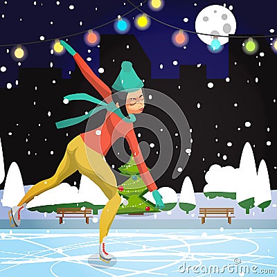 Winter sports. Cartoon skating woman training Vector Illustration