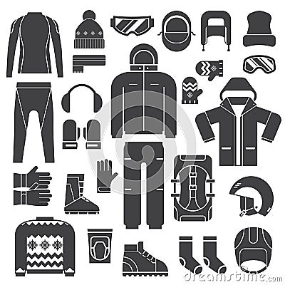 Winter Sports Clothes Outline Icons Vector Illustration