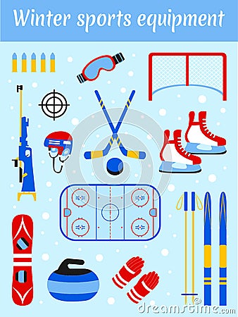 Winter sports equipment set. Sporting accessories vector illustration. Skiing, ice hockey, snowboarding, biathlon Vector Illustration