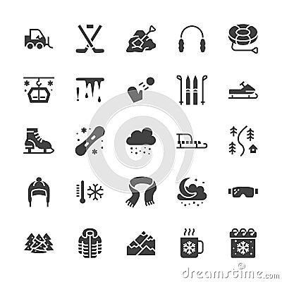 Winter sports flat glyph icons. Cold weather outdoor activities - skiing, hockey, snowboard, snowball, snow removal Vector Illustration