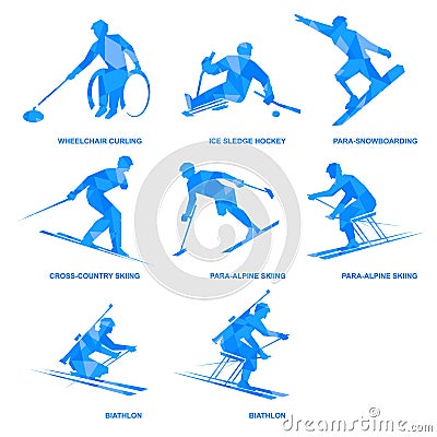 Winter sports icon set. Eight silhouettes of athletes with disabilities. Vector Illustration