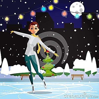 Winter sports. Lady Figure Skating. Woman skating at the rink Cartoon Illustration