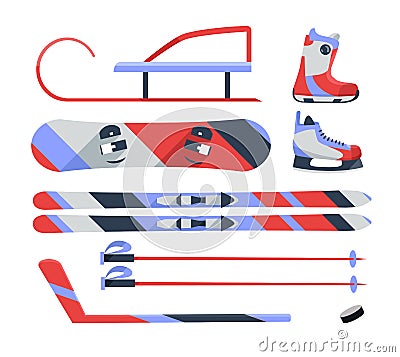 Winter sports objects, equipment collection, vector icons, flat style. Vector Illustration