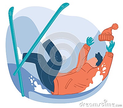 Skier falling down, practicing in skiing sports Vector Illustration