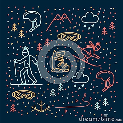 Winter sports pattern in linear. The background of the pictogram is a skier, a snowboarder in a circle of snow. Vector Illustration