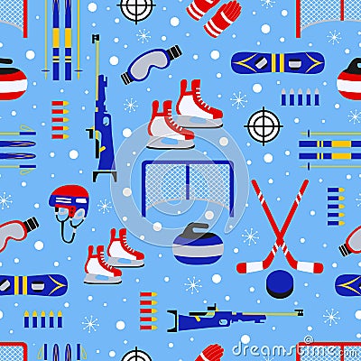 Winter sports seamless pattern. Seasonal outdoors background. Sporting equipment vector design. Cute childish repeat Vector Illustration