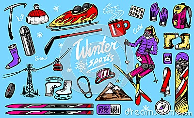 Winter sports season. Vintage Snowboarding and skiing, jumping athlete, mountain cableway, funicular or ropeway, skates Vector Illustration