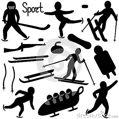 Winter sports. Silhouette. Set of vector illustrations. Collection of sports games. Hockey, figure skating, cross-country skiing. Vector Illustration