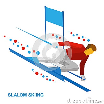 Winter sports - slalom skiing. Sportsman ski slope down. Vector Illustration