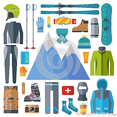 Winter sportswear and equipment icon set. Skiing, snowboarding vector isolated. Ski resort elements in flat design Vector Illustration
