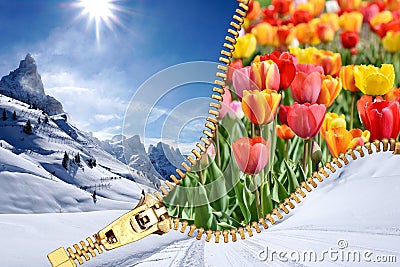 Winter Spring open Zip season transition concept Stock Photo