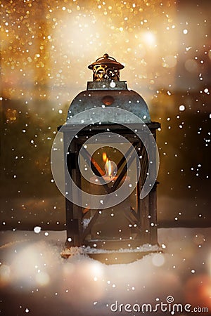 Winter still life with a lantern Stock Photo