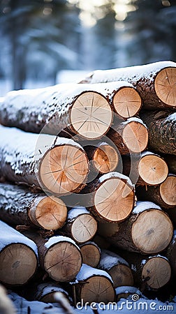 Winter stockpile Sawn pine tree trunks in a snowy forest Stock Photo