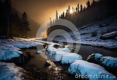 A winter stream in a snowy forest. Cartoon Illustration