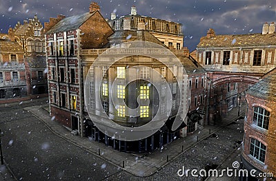 Winter Street at Dusk with 19th Century City Buildings Stock Photo