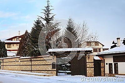 Winter street view of ski resort Bansko, Bulgaria Stock Photo