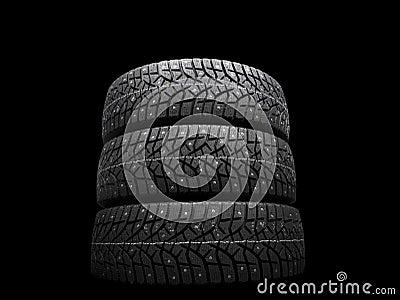 Winter studded tire. Winter car tires isolated on black background. Tire stack background. Tyre protector close up. Square Stock Photo