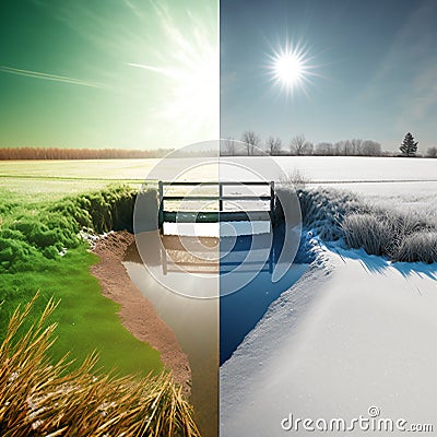 Winter and summer landscape on one frame, half of frame is winter with snow, other half is summer with green grass. Stock Photo