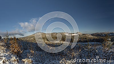 Winter sunny snow view for Tolstejn castle and Jedlova hill Stock Photo