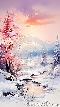 Winter Sunrise Landscape with Dreamy Floral Background Stock Photo