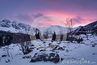 Winter sunset on Hala Gasienicowa in the Tatra Mountains, Poland Stock Photo