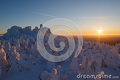 Winter sunset on the mountains. Kolchimsky Stone, Perm Kray, Russia Stock Photo