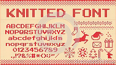 Winter sweater font. Knitted christmas sweaters letters, knit jumper xmas pattern and ugly sweater knits vector Vector Illustration