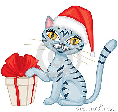 Winter tabby cat with a gift Vector Illustration