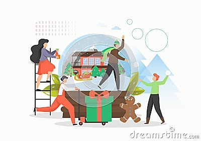 Winter tale. Happy people preparing for Christmas holidays celebration, expecting magic things, flat vector illustration Vector Illustration