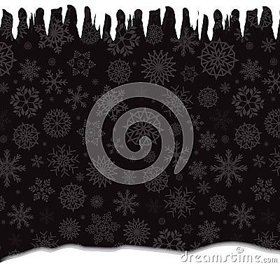 Winter template with falling silver snowflakes, icicles and snow Vector Illustration