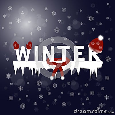 Winter text. Snowflakes night background Vector Illustration