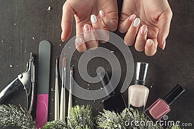 Winter theme nails design and manicure, instruments for manicure with needles Stock Photo