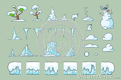 Winter Tile set for Platformer Game, Seamless vector ground blocks games design Vector Illustration