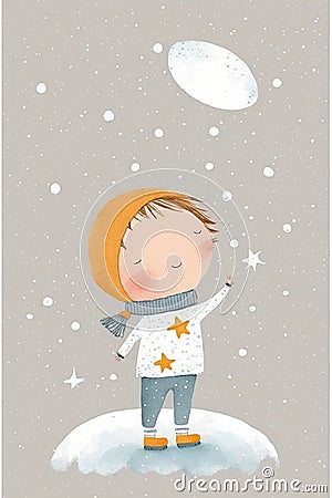 Winter time. Boy with the snowball. Children watercolor illustration. Cartoon Illustration