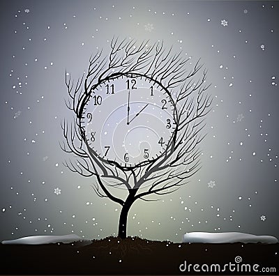 Winter time, tree looks like winter clock, 5 minutes to frosty weather, magic clock tree growing on soil in beautiful Vector Illustration