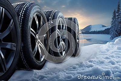 Winter tire elegance four black tires navigate a snowy landscape Stock Photo