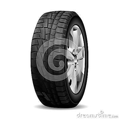 Winter tire. Realistic Wheel tyre chrome rim. 3d Vector Illustration