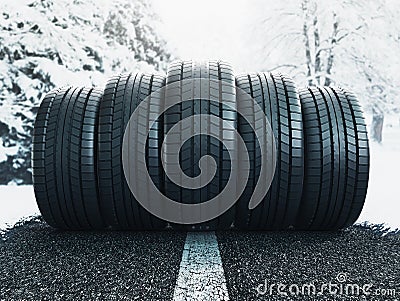 Winter tire in snow closeup, 3d rendering Cartoon Illustration