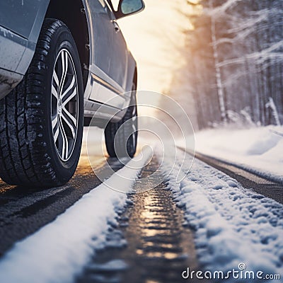 Car on snow road Tires on snowy highway close up view Stock Photo