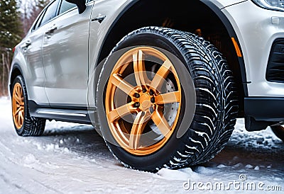 Winter tires on a car in snow. Generative AI Stock Photo