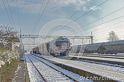 Winter Train Station Scene in Dugo Selo, Croatia Editorial Stock Photo